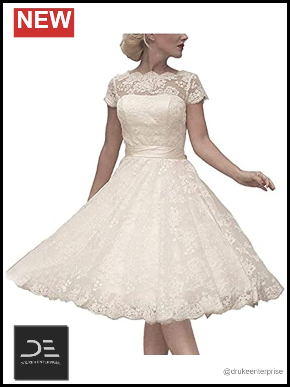 Cap Sleeve Knee Length A-Line Wedding Dress with Lace Neckline